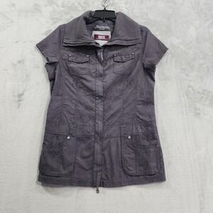 Cecil Jacket Womens M Gray Short Sleeve Floral Embroidered Zip Pockets Casual